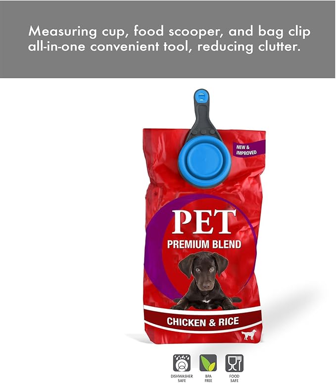 Dexas Popware for Pets Collapsible Klip Scoop, 3-in-1 Pet Food Scoop, Measuring Cup and Bag Clip, 1 Cup Capacity, Pro Blue