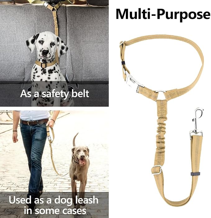Plutus Pet Dog Seat Belt for Car Headrest, Reflective with Elastic Bungee | Adjustable Restraint for Safety, Vehicle Seatbelt Harness for Small Medium Large Dogs and Cats, Beige