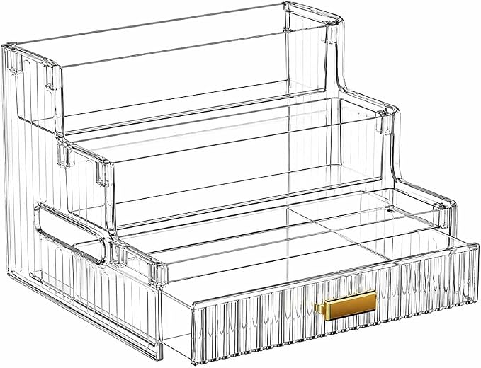 Laaimerisa Clear Acrylic Makeup Organizer with Drawer, 3-Tier Countertop | Skincare & Perfume Storage, Vanity & Desk Use, Gold-Tone Handle, 23 x 20 x 17 cm, Multi-Compartment