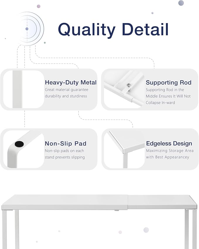 Nxconsu Expandable Cabinet Shelf, Shelf Riser for Cabinets, 11.8" White | Edgeless Metal Cabinet Riser Holds 50 lb and Expands 14.6 to 24.6 in for Under Sink Kitchen Pantry Cupboard Shelf