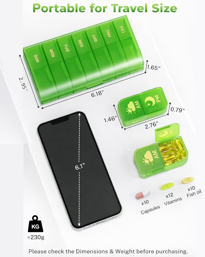Travel Weekly Pill Organizer 2 Times a Day, 7 Day AM/PM Pill Box, Portable Medication Dispenser with Child-Resistant Latch, BPA-Free, Travel, Office, Pets, Emergency Use (Neon Green)