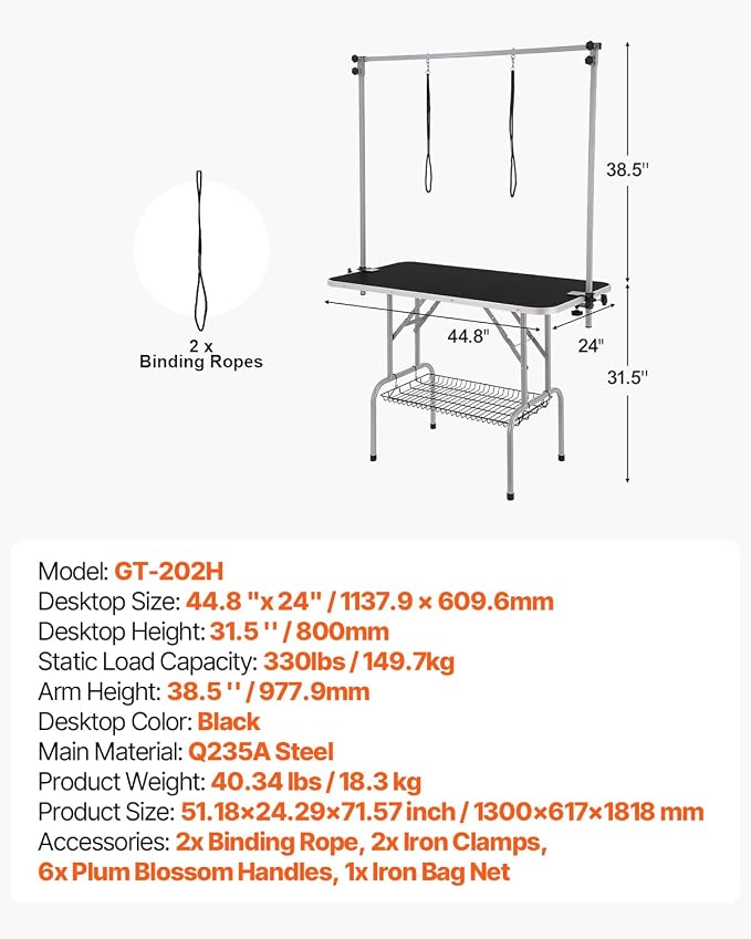 VEVOR Pet Grooming Table, 46 Inch Grooming Station with 2 Height Adjustable Arms, 330LBS Static Load Capacity, Foldable Dog Groom Station with No-Sit Haunch Holder with Loop, for Medium/Small Dogs