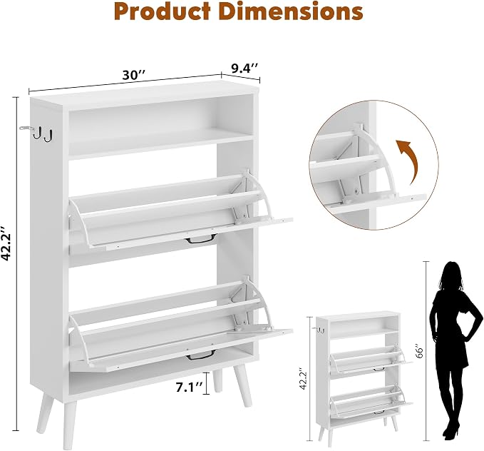 Shoe Storage Cabinet with 2 Flip Drawers for Entryway,White | Narrow Shoe Storage Organizer Rack, Hidden Shoe Cabinet with Adjustable Shelves for Entryway, Hallway, Living Room