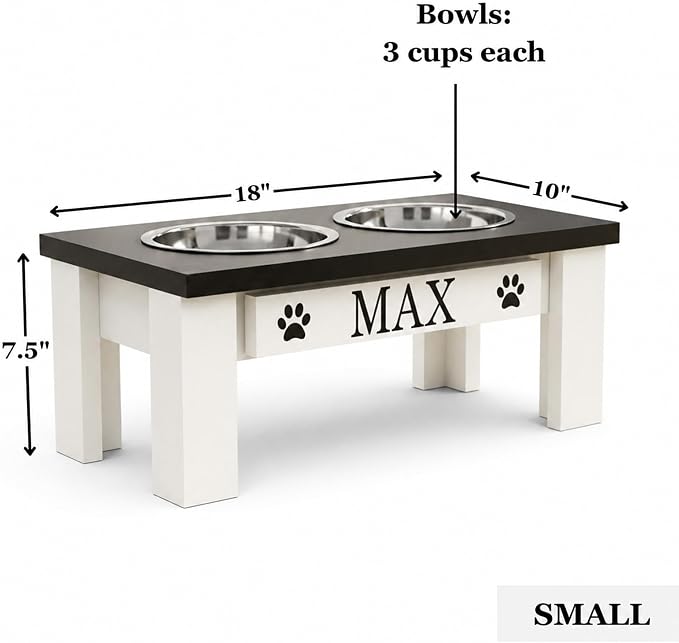 Personalized Dog Bowls Stand for Small Dogs, Wood Elevated Feeding Station | Farmhouse Style, Stainless Steel Dishwasher Safe Bowls, Raised Anti-Slip Feeder, Made in USA