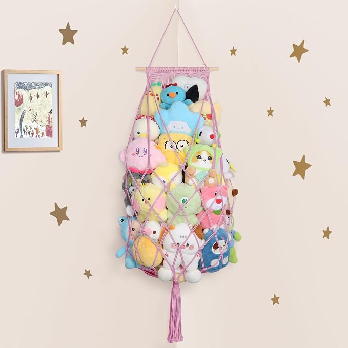 Stuffed Animal Storage Hammock Corner,70'' Macrame Plushie Net,Pink | Wall Ceiling Over Door Hanging Stuffed Animals Hammock, Boho Macrame Stuffy Storage Holder, Nursery Playroom Kid Room Decor