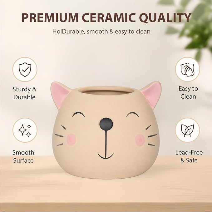 Ceramic Cat Shaped Pen Pencil Holder for Desk Decoration Accessories Cat Decor Makeup Brush Pen Cups Office School Ideal Gifts for Women, Mom or Birthdays