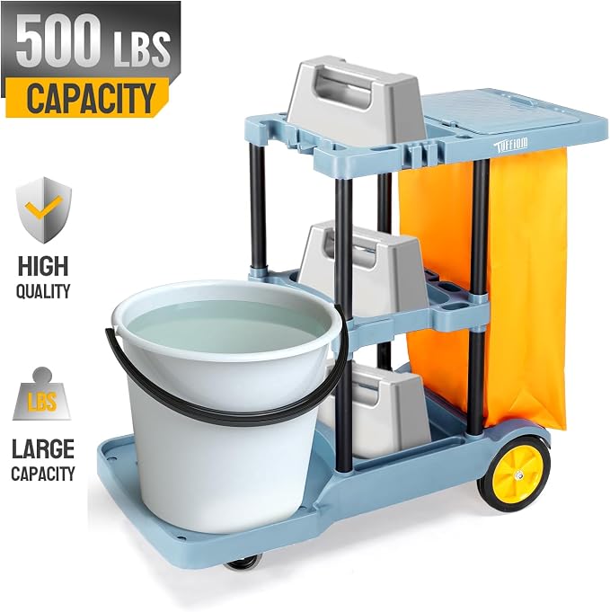 TUFFIOM Extra Large Commercial Traditional Cleaning Janitorial 3-Shelf Cart, 500 Lbs Housekeeping Cart, 42.5" L x 18.7" W x 37.6" H, Wheeled with 22 Gallon Yellow Vinyl Bag and Cover w lid, Blue