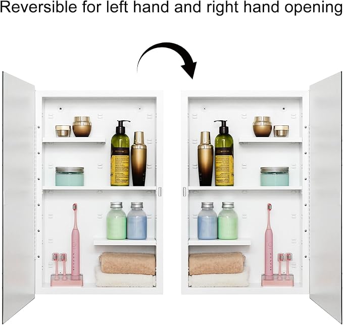 White 16x26 Medicine Cabinet, Beveled Mirror & Adjustable Staggered Shelves | Recessed or Surface Mount Bathroom Cabinet with Adjustable Staggered Shelves, Piano Hinge, Left/Right Swing & Fully Assembled