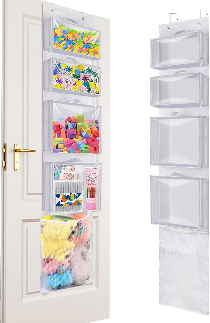 Over Door Toy Organizer, Hanging Stuffed Animal Storage with Removable Bags | White Toy Storage Case Behind Door for Block, Puzzle, Bi-Fold Closet Holder Idea with Mesh Pocket, Kid Boy Girl Nursery Room