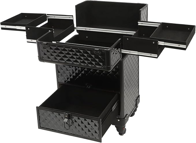 Rolling Makeup Train Case with Drawers, Cosmetic Travel Trolley, Storage Sliding Drawer 4 Tray Cosmetics Beauty Organizer Lockable Luggage Trolley w/ Wheels for Makeup/Nail Art/Hair Styling (Black)