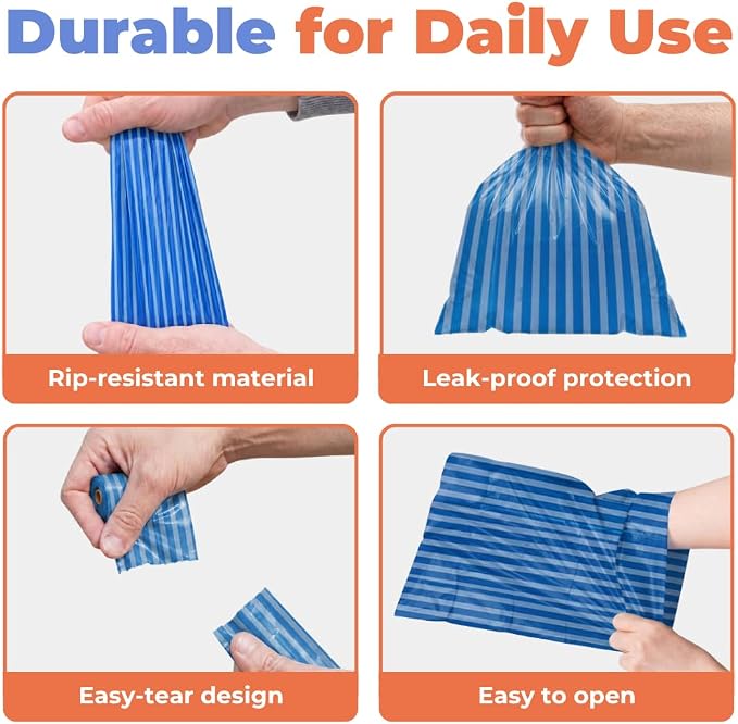 Best Pet Supplies Poop Bags for Dogs - Blue Strips, 150 Count | Scented, Leak-proof, Easy-Tear perforations, 15 Thick Bags per roll, Outdoor Walking & Travel, Fits Standard Holders
