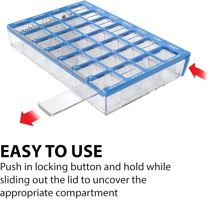 Ezy Dose Weekly (7-Day) Pill Organizer, Vitamin and Medicine Box, Small Compartments with Easy Fill Tray, 4 Times a Day, Clear Lids, Color May Vary, Assorted (Pack of 2)
