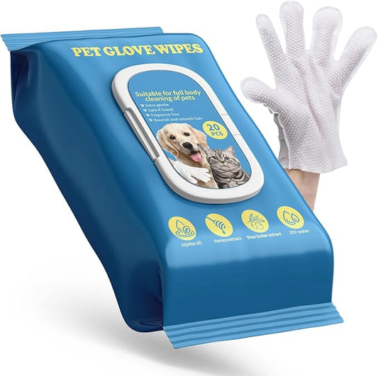 Pet Glove Wipes for Dogs & Cats, No Rinse Full Body Cleaning Large Gloves (9.84 x 9.05 inch), Gentle Grooming for Paws Face Ears Eyes Coat, Alcohol Free, 20 Count