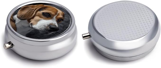 Ovely Pet Dog Beagle Round Pill Box for Organizer and Containers,Vitamin Case for Purse & Pocket Mini,Organizer Box- 3 Compartment to Hold Vitamins,Fish Oil and Supplements