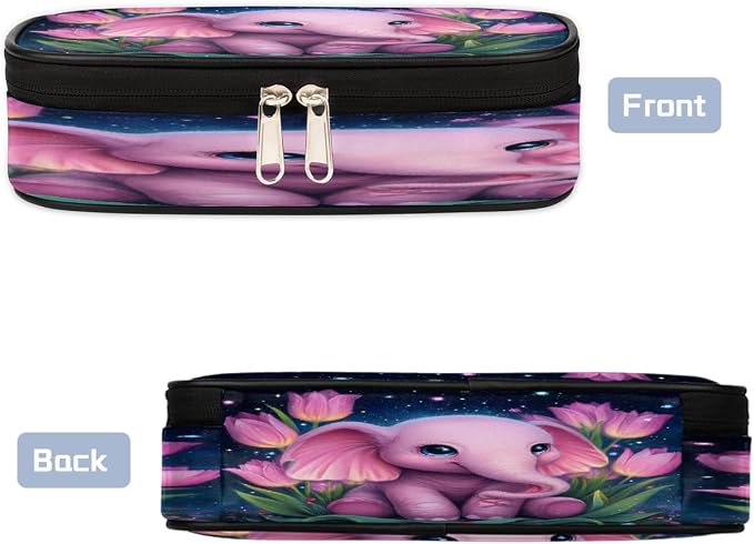 Starry Pink Elephant Tulips Pencil Case Pouch, Big Capacity Waterproof Pen Bag for Students Teens Adults, Large Storage Organizer for Stationery