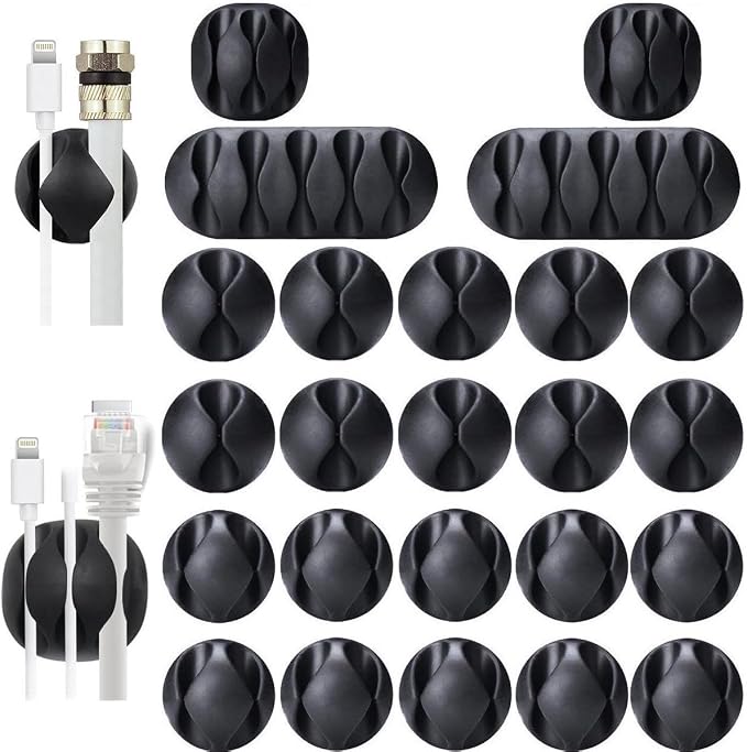 Desk Cable Management Cord Organizer, 24 Pack Black Self Adhesive Cord Holder Cable Clips, Ideal Cable Organizer Wire Keeper for Desk, Nightstand, Phone Charger, Computer, Home, Office, Car