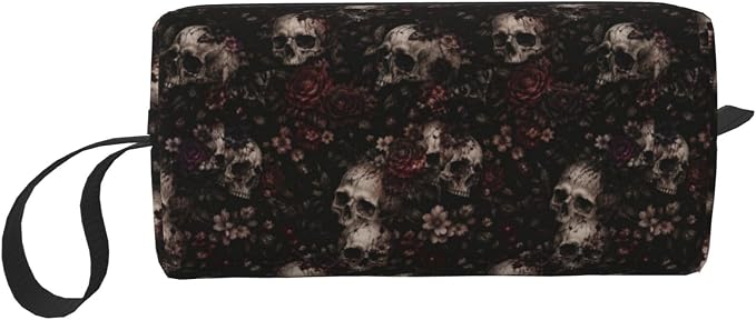 Dark Gothic Flower Skeleton Makeup Bag for Women | Small Travel Cosmetic Pouch with Zipper, Compact Makeup Organizer Bag for Purse, Toiletries, Skincare & Daily Essentials