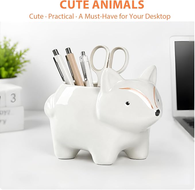 Ceramic Fox Shaped Pen Pencil Holder for Desk Decoration Accessories Fox Decor Makeup Brush Pen Cups Office School Ideal Gifts for Women, Mom or Birthdays