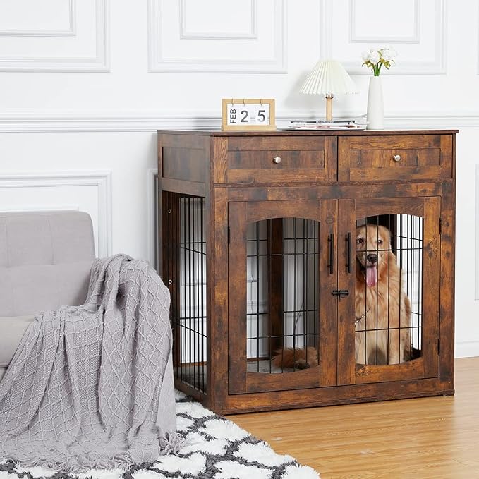 Dog Crate Furniture with Drawers,39.4" Wooden Dog Kennel for Medium/Large Dog,3 Doors Pet House with Cushion
