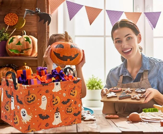 Rectangular Halloween Basket for Boys and Girls Kids Trick or Treat Pumpkin Basket for Halloween Parties Cute Storage Bin Organizer Box Room Decor(Yellow Pumpkin Ghost)