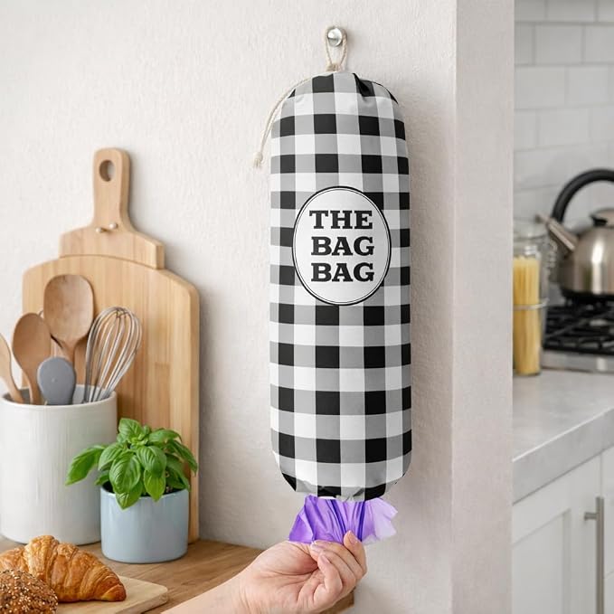 THE BAG BAG Plastic Bag Holder, Black and White Buffalo Check Plaid Grocery Bag Dispenser, Hanging Trash Bag Storage Organizer for Kitchen, Laundry Room, Pantry, Farmhouse Decor, Gifts For Grandma Mom