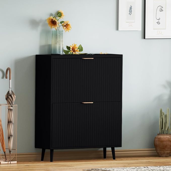 Shoe Cabinet Storage,Modern Freestanding Organizer with 2 Flip Drawers,Narrow Shoe Rack Cabinet for Entryway,Black
