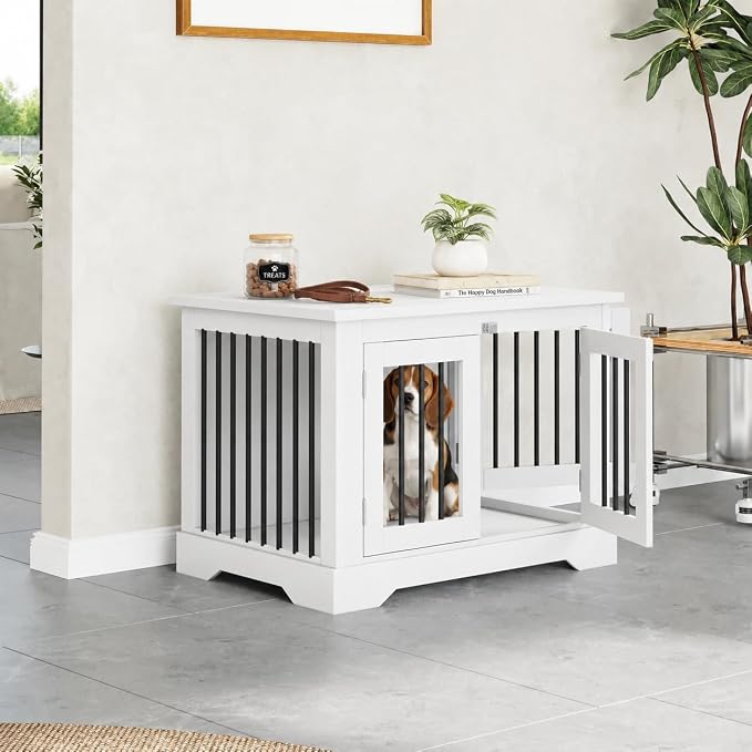30" Wooden Dog Crate Furniture,Small Kennel Pet Cage End Table for Indoor | for Medium S XS Dogs, White, Fits Living Room Bedroom, Heavy Duty Steel Frame with Lock 25 lbs Cap, 100 lbs Top.