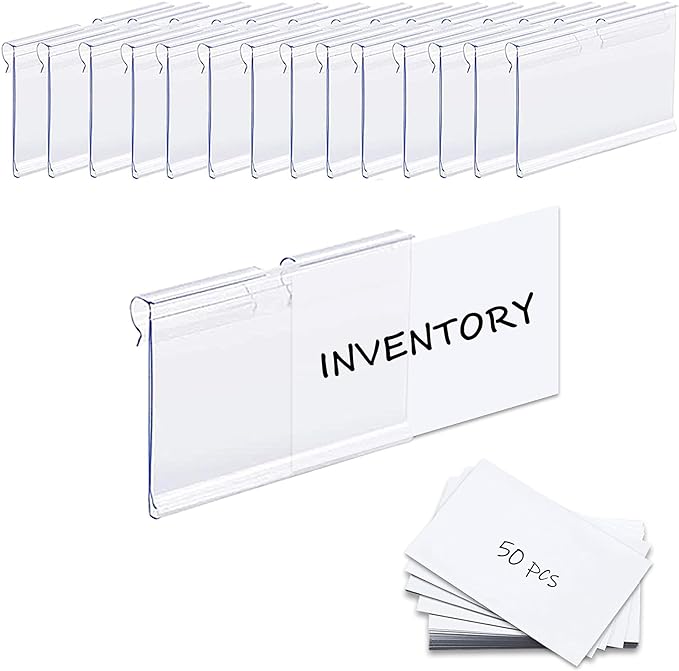 50PCS Basket Bin Labels Clip On,ChanQnTon Clear Plastic Label Holders for Storage Bins, Wire Shelf Price Tags,Merchandise Display Signs,50PCS 6X4CM Paper Inserts Included.
