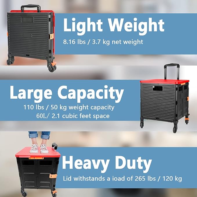 FELICON SELORSS Foldable Utility Cart Folding Portable Rolling Crate-Red | Heavy Duty,Telescoping Handle,4 Rotate Wheels,Collapsible Handcart for Travel Shop Move Luggage Laundry Teacher Office Use