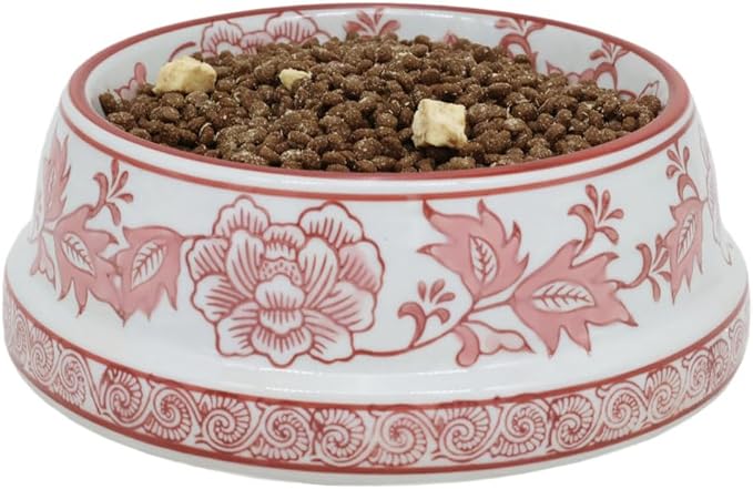 Aimusego Pink & White Ceramic Dog Bowl,Chinoiserie Floral Heavy Duty Non-Slip Dog Food Water Bowls, Ceramic Dish for Medium and Small Dogs and Cats, for Pet Owners,Puppy 9inch