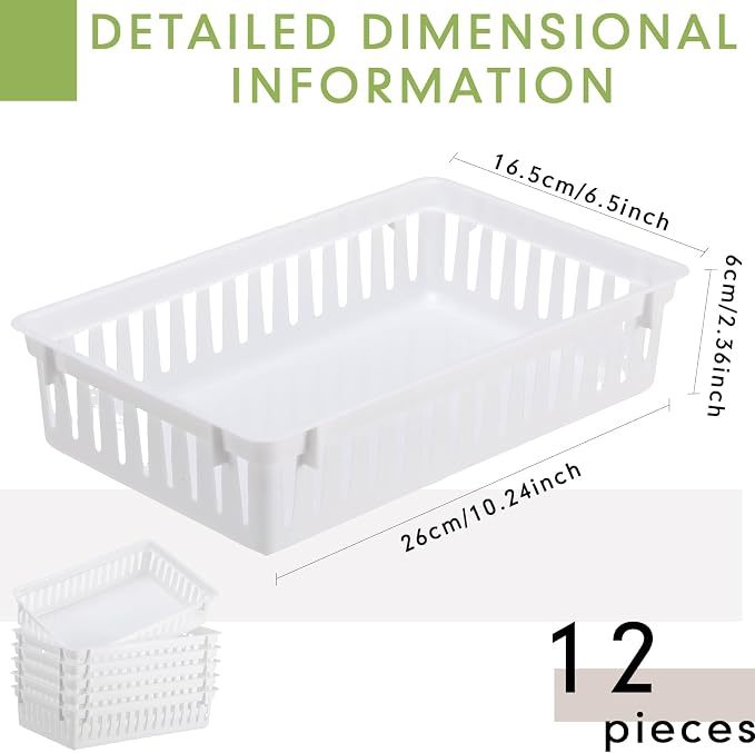 Wenqik Set of 12 Small Plastic Baskets for Organizing, White | See-through Airflow Design, Large Capacity, Gift of Practical, Rectangular, Plastic Organizer for Office, Closets Shelves