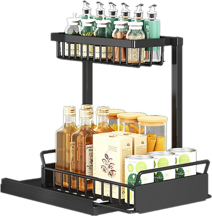 2-Tier Multi-Purpose Under Sink Pull Out Organizer with 4 Hooks, Drawer Style Sink Storage Rack Suitable for Kitchens, Bathrooms and Food Seasoning Bottle Storage Cabinets