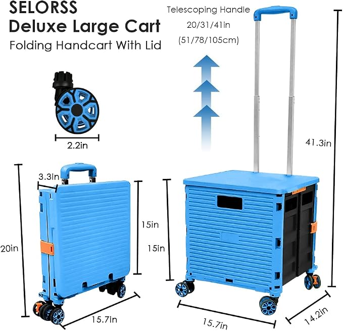 Foldable Utility Cart Portable Collapsible Crate Rolling Carts with Wheels Rolling Tote Basket Teacher Cart with Lid Wear-Resistant 360°Rotate Wheel Noiseless for Shopping Storage Office Use