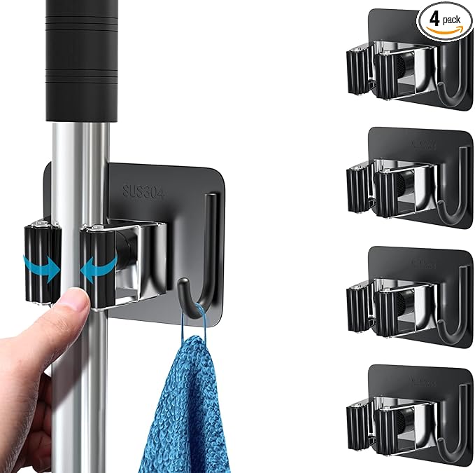 homeasy Broom Holder Wall Mount 4Pcs, Self Adhesive Mop Broom Hanger | Self adhesive stainless steel broom organizer with 4 hooks, holds mops, brooms and garden tools without drilling