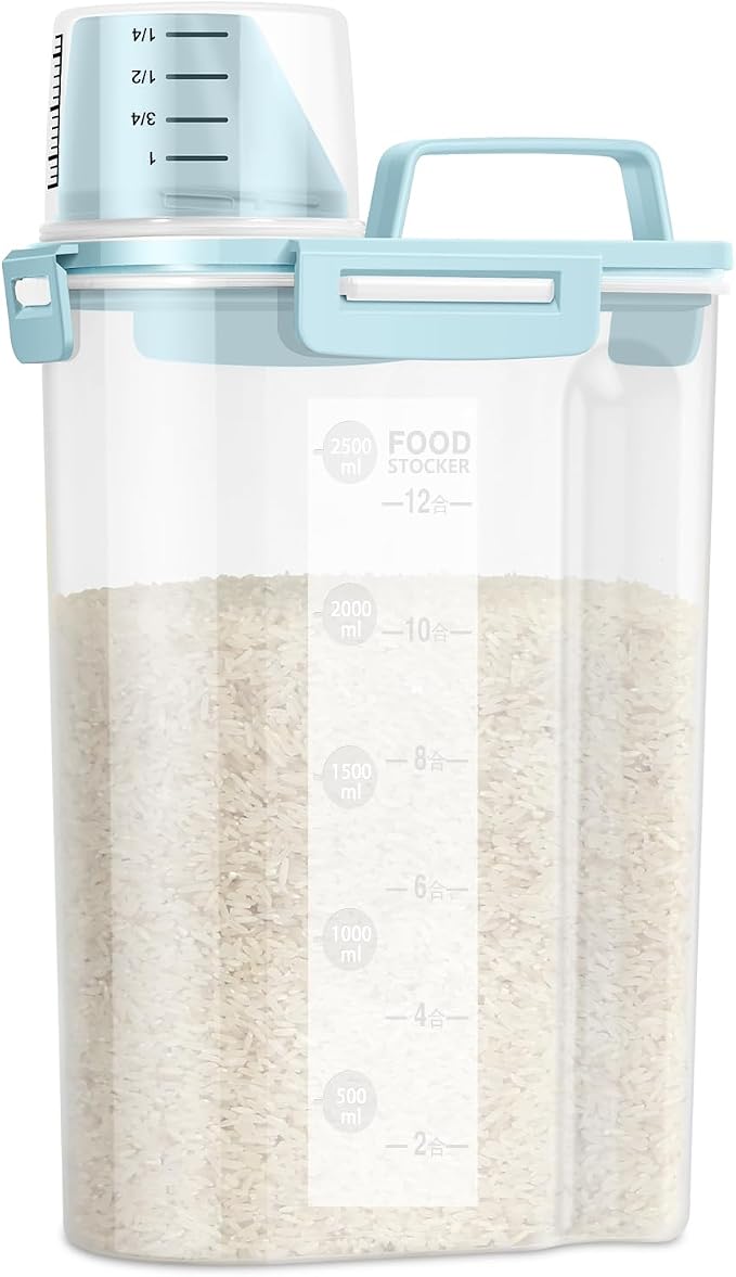LEAWALK Airtight Rice Storage Container, 3 to 5Lbs Cereal Dry Food Flour and Sugar Bin, Pet Dog Cat Food Dispenser with Measuring Cup, BPA Free Clear Plastic Kitchen and Pantry Organization Bin-Blue