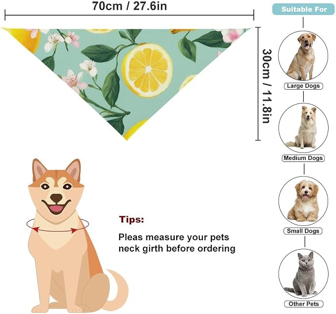 Soft and Lightweight Pet Fashion Scarves for Small, Medium, Large Dogs, Cats Lemon Tree Leaves Tropical Flowers Floral Wedding, Family Party, Casual Daily Use