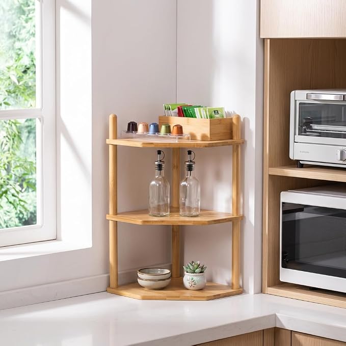 3-Tier Bamboo Corner Shelf,Kitchen Countertop Organizer,Corner Countertop Organizer Shelf, Coffee Bar Organizer,Coffee Bar Accessories,for Kitchen, Pantry, Organizers and Storage