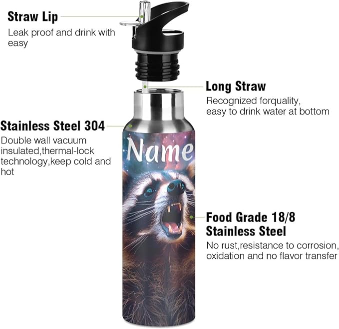 Custom Name Raccoon with Galaxy Water Bottle with Straw Lid Kids Insulated Stainless Steel Water Flask Sports, 20 Oz Hot Cold
