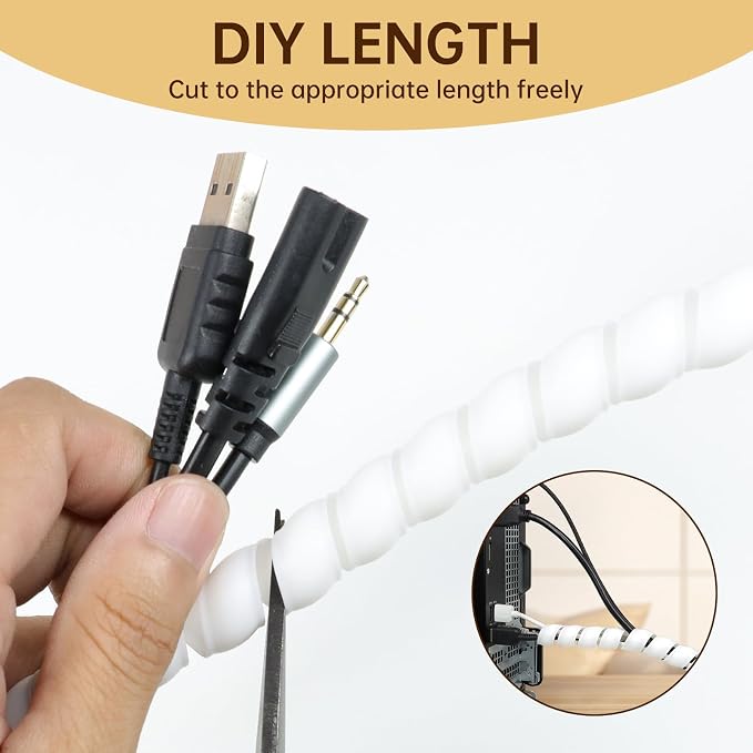 Spiral Cable Wrap, 10ft Cable Sleeves for Cords, Flexible Cable Management Sleeve for Computer, Power, Audio & Video Cords (White, 3/8")
