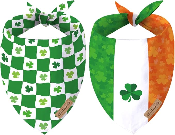 St. Patrick's Day Dog Bandanas, 2-Pack Triangle Reversible Pet Scarves, Premium Fabric, Bandana for All Boys Girls Dogs (L, Style 1)