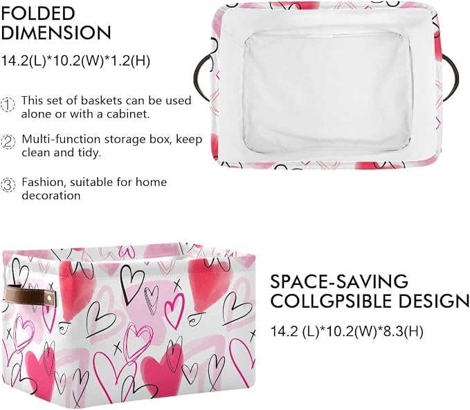 Happy Valentine's Day Pink Love Storage Basket Fabric Laundry Baskets Red Heart Storage Boxes Organizer Bag for Baby Cloth Dog Toy Book Storage Cubes Shelf Closet Bins 16×12×8 Inches