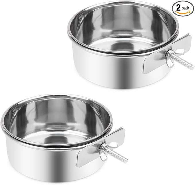 Wontee Pet Food Water Bowl Stainless Steel Feeding Cups Feeder, 2 Pcs, M | Rust-proof, securely mounted to prevent tipping, removable for easy refilling and cleaning, for dogs/cats/birds/rabbits