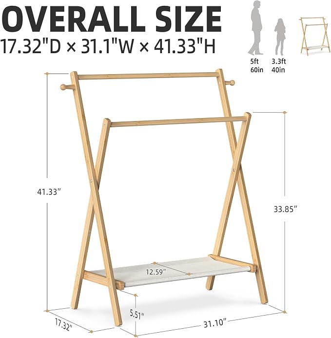 BAMBOOHOMIE Kids Clothing Rack, Small Clothes Rack for Toddler Pets, Kids Dress Up Rack with Storage Shelf & Double Rods, Foldable Kids Clothes Rack for Nursery Child's Room (Regular Size)