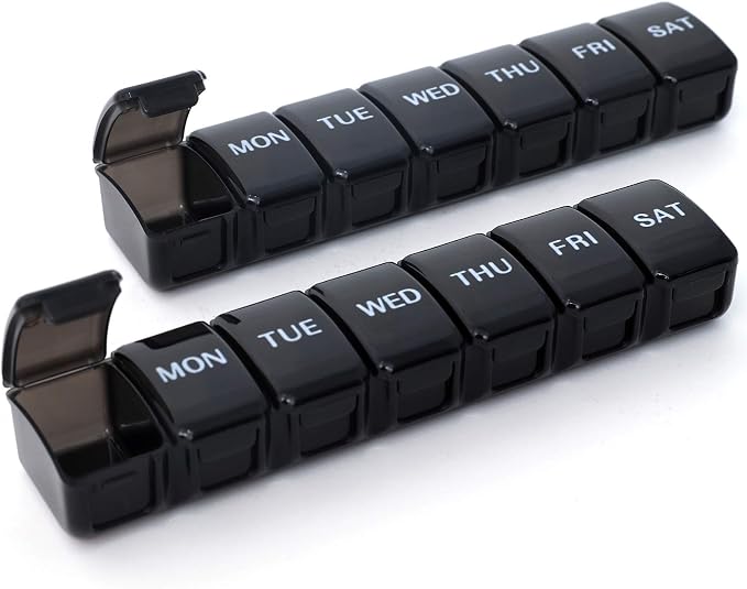 UHOUSE 2 Packs Weekly Pill Organizer 7 Day (Black) | Pocket Daily Pill Case Pill Box for Pills/Vitamin/Fish Oil/Supplements