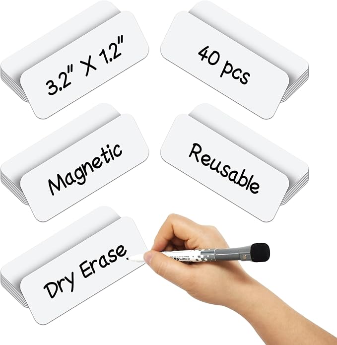 Dry Erase Magnetic Labels 3.1x1.2 Inch White, Reusable Magnetic Dry Erase Labels for Classroom Office Whiteboards，Pack of 40