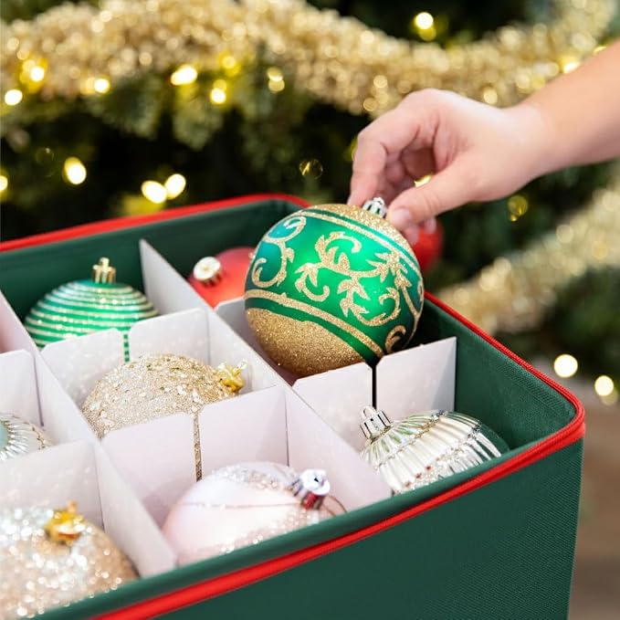 Christmas Ornament Storage Container with Dividers - Box Stores Up to 54 Ornaments, Zippered, Convenient, Adjustable, Large Organizer Bin to Protect Holiday Décor, Fits Most Standard Size, Green