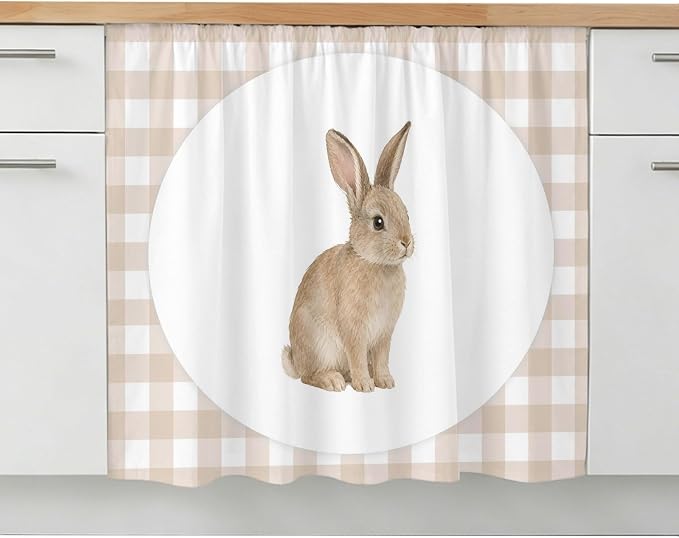 Rabbit Plaid Oven Skirt Curtain for Kitchen Decor 28"x35", Modern Farmhouse Checkered Rustic Animal Self Adhesive Stove Curtains Skirt Cabinet Curtains for Bathroom Laundry Room