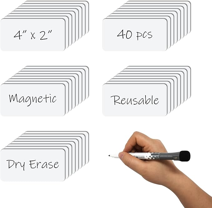 Dry Erase Magnetic Labels 4x2 Inch White, Reusable Magnetic Dry Erase Labels for Classroom Office Whiteboards，Pack of 40