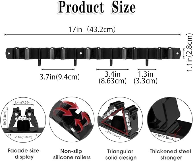 Black Broom Holder Wall Mount, 5 Racks 4 Hooks Mop and Broom Organizer | Mop Holder Wall Mount and Broom Hanger for Garage, Laundry Room, Kitchen and Utility Storage