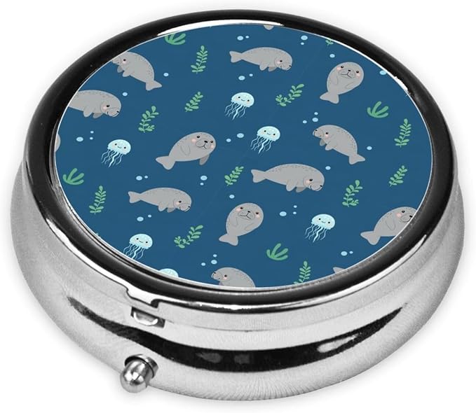 Small Travel Pill Box, Manatee Underwater Round Metal Organizer, 3-Compartment Case for Fish Oil, Pocket Purse Dispenser for Vacation